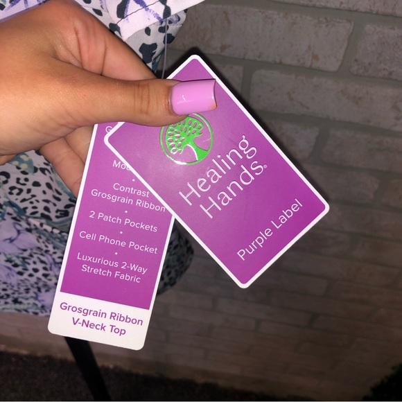 Healing Hands Purple Label Grosgrain Ribbon V-neck cheetah floral scrub top - Picture 7 of 7